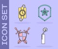 Set Dynamite bomb stick clock, dynamite stick and timer clock, Medieval shield with crossed swords and Police badge icon Royalty Free Stock Photo