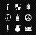 Set Dynamite bomb stick clock, Shield, dynamite and timer, Medieval sword, Hand grenade, Viking in horned helmet, shield Royalty Free Stock Photo