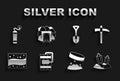 Set Dynamite, Pickaxe, Gem stone, Giant magnet holding iron dust, Gold mine, Shovel, and Mine entrance icon. Vector