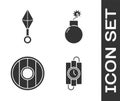 Set dynamite stick and timer clock, Japanese ninja shuriken, Round wooden shield and Bomb ready to explode icon. Vector