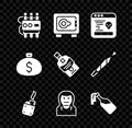 Set Dynamite and timer clock, Safe, System bug, Lighter, Thief mask, Cocktail molotov, Money bag and Whiskey bottle icon Royalty Free Stock Photo