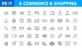 Set of 50 E-commerce and shopping web icons in line style. Mobile Shop, Digital marketing, Bank Card, Gifts. Vector illustration