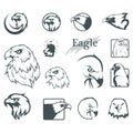 Set of eagles. Bald eagle logo. Wild birds drawing. Head of an eagle.