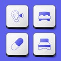 Set Earplugs and ear, Big bed, Sleeping pill and icon. White square button. Vector