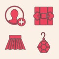 Set Earring, Create account screen, Gift box and Skirt icon. Vector