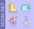 Set Earring, Waterproof rubber boot, Discount percent tag and Wallet icon. Vector.