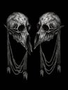 A set of earrings made of silver chains with a raven skull in each. Gothic art. AI generation