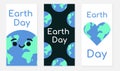 Set of Earth Day banners for social networks. Smiling blue globe, many planets, Earth in form of heart. Holiday. Ecology