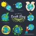 Set for Earth day, happy boy hugging planet, ecology concept of love the world, green and blue globe protection, global Royalty Free Stock Photo