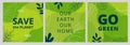 Set of Earth Day posters with green backgrounds, liquid shapes, leaves and elements. Layouts for prints, flyers, covers Royalty Free Stock Photo