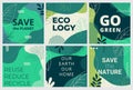 Set of Earth Day posters with green backgrounds, liquid shapes, leaves and elements. Layouts for prints, flyers, covers