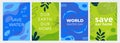 Set of Earth Day posters with green and blue backgrounds, liquid shapes, leaves and ocean elements. Layouts for prints Royalty Free Stock Photo