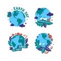 The set of Earth day stickers, logo designs, badges. The planets with flowers