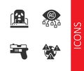 Set Earth with exclamation mark, Radioactive warning lamp, Futuristic weapon and Computer vision icon. Vector