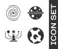 Set Earth globe, Black hole, Solar system and Planet Saturn icon. Vector Royalty Free Stock Photo