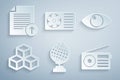 Set Earth globe, Eye, Isometric cube, Radio, Air conditioner and Upload file icon. Vector Royalty Free Stock Photo