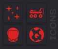 Set Earth globe, Falling stars, Mars rover and Astronaut helmet icon. Vector