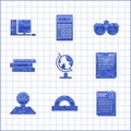 Set Earth globe, File document and paper clip, Exam with incorrect answers survey, Student, Office folders papers