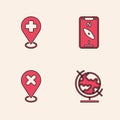 Set Earth globe, Medical location with cross, Compass mobile and Location mark icon. Vector