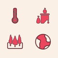 Set Earth globe, Meteorology thermometer, Full dustbin and Forest icon. Vector
