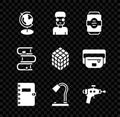 Set Earth globe, Nerd geek, Energy drink, Spiral notebook, Table lamp, Ray gun, Book and Rubik cube icon. Vector