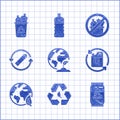 Set Earth globe and plant, Recycle symbol leaf, Can with recycle can, Bio fuel canister, Battery line, No trash and bin Royalty Free Stock Photo