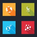 Set Earth globe, Rooster weather vane, Comet falling down fast and Water drop icon. Vector Royalty Free Stock Photo