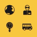 Set Earth globe, School Bus, Unknown search and Teacher icon with long shadow. Vector Royalty Free Stock Photo