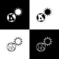 Set Earth globe and sun icon isolated on black and white background. World or Earth sign. Global internet symbol Royalty Free Stock Photo