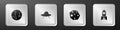 Set Earth globe, UFO flying spaceship, Asteroid and Rocket icon. Silver square button. Vector Royalty Free Stock Photo