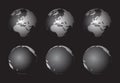 Set of Earth globes from variant views on black background Royalty Free Stock Photo