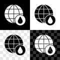 Set Earth planet in water drop icon isolated on black and white, transparent background. World globe. Saving water and Royalty Free Stock Photo