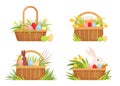 Set of easter baskets for the holiday. Baskets with colored eggs, tulips, Easter cake and rabbit. Set for spring design