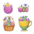 Set of easter or birthday yellow chickens in the eggs, basket, cup. With flowers. Royalty Free Stock Photo