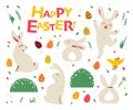 Set of Easter bunny characters sit, smile, jump and yellow little bird, easter eggs, floral elements isolated on white background. Royalty Free Stock Photo