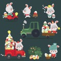 Set of Easter bunny drive car with truck, decorated eggs hunter holding full basket, cute white rabbit auto driver Royalty Free Stock Photo