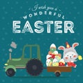Set of Easter bunny drive car with truck, decorated eggs hunter holding full basket, cute white rabbit auto driver Royalty Free Stock Photo