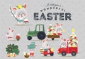 Set of Easter bunny drive car with truck, decorated eggs hunter holding full basket, cute white rabbit auto driver