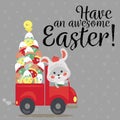 Set of Easter bunny drive car with truck, decorated eggs hunter holding full basket, cute white rabbit auto driver Royalty Free Stock Photo