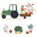 Set of Easter bunny drive car with truck, decorated eggs hunter holding full basket, cute white rabbit auto driver Royalty Free Stock Photo