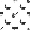 Set Easter cake and candle, Easter egg and paint brush and Church building on seamless pattern. Vector Royalty Free Stock Photo