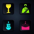 Set Easter cake and candle, Wine glass, Burning candle and Jesus Christ. Black square button. Vector