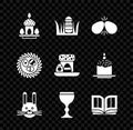 Set Easter cake and eggs, rabbit, Wine glass, Holy bible book, wicker nest and icon. Vector Royalty Free Stock Photo