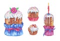 A set of Easter cakes. Watercolor drawing on white Royalty Free Stock Photo