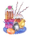 A set of Easter cakes. Watercolor drawing on white Royalty Free Stock Photo