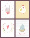 Set of Easter cards with cartoon bunny, chicken, painted egg in the nest and flowers. Vector templates. Royalty Free Stock Photo