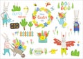 Set Easter cartoon characters and design elements. Easter bunny, chickens, eggs, easter tree, tulips, mimosa Royalty Free Stock Photo