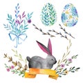 Set of easter characters. Flowers, eggs, rabbit, wicker basket. Watercolor drawing Royalty Free Stock Photo