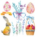 Set of easter characters. Flowers, eggs, rabbit, wicker basket. Watercolor drawing Royalty Free Stock Photo