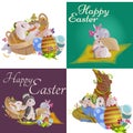 Set of easter chocolate egg hunt bunny basket on green grass decorated flowers, rabbit funny ears, happy spring season Royalty Free Stock Photo